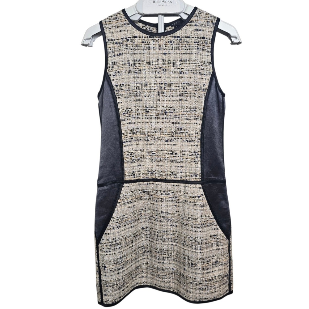 Theory Waldia Alluring‎ Women's Tweed Dress Size 0 Sleeveless Satin Trim Sheath